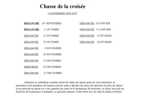 Calendrier Chasse de la Croisée 2026-2027