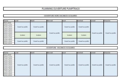 horaires d'ouverture du pumptrack
